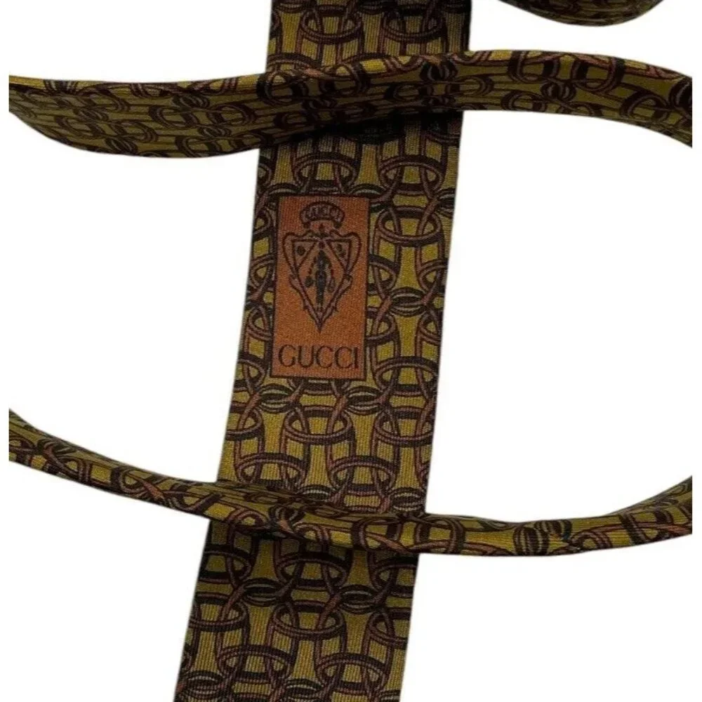 GUCCI Men's 100% Silk Necktie LUXURY Tie Brown Equestrian W:3.6" EUC - Picture 4 of 5